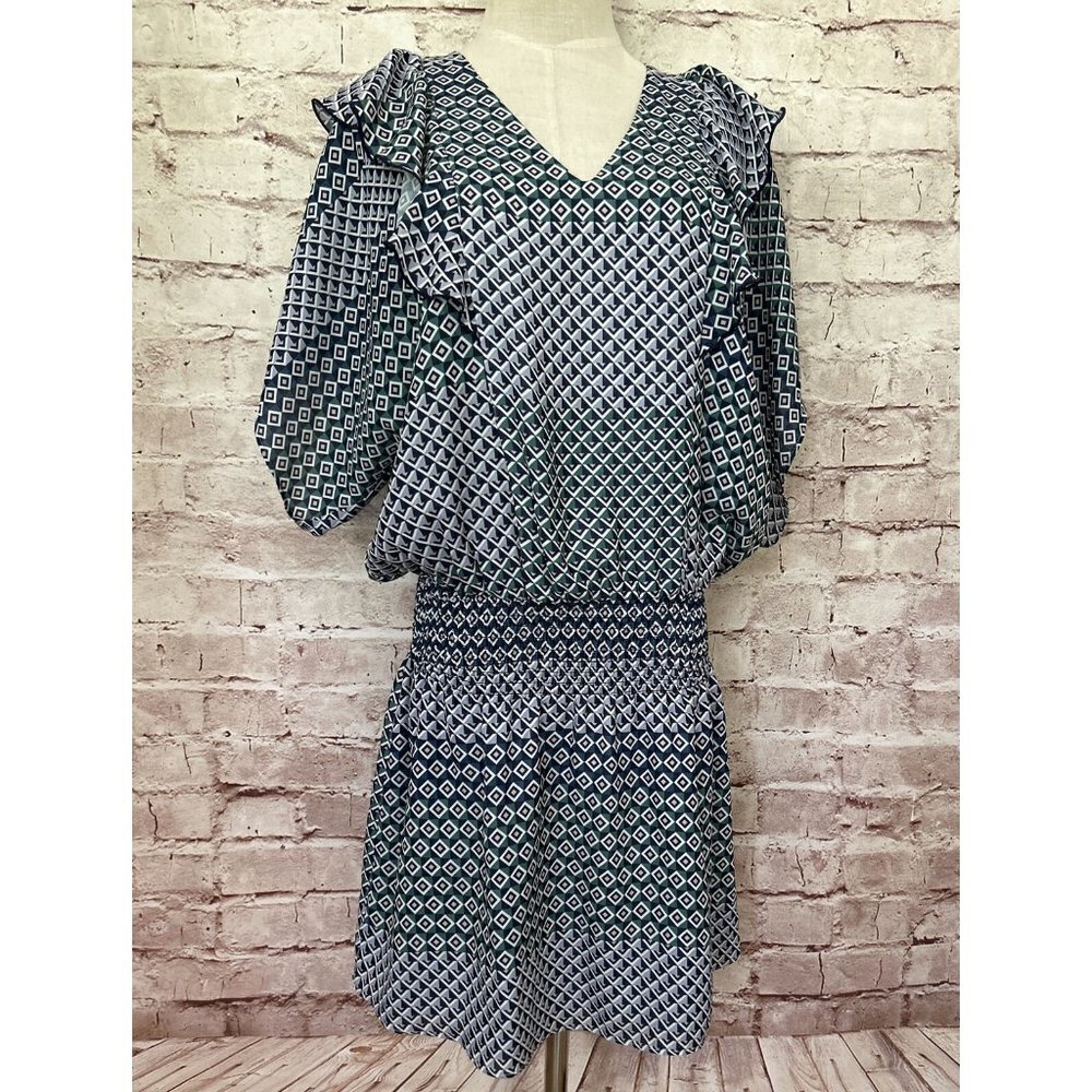 PARKER Womens Luisa Smocked Waist Flutter Sleeve Mini Dress Geometric Size Small